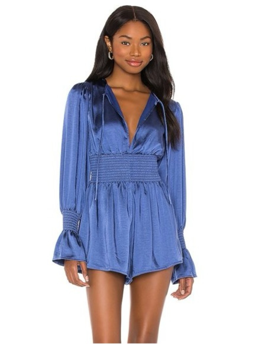 Blue Satin Long Sleeve Smocked Waist Romper